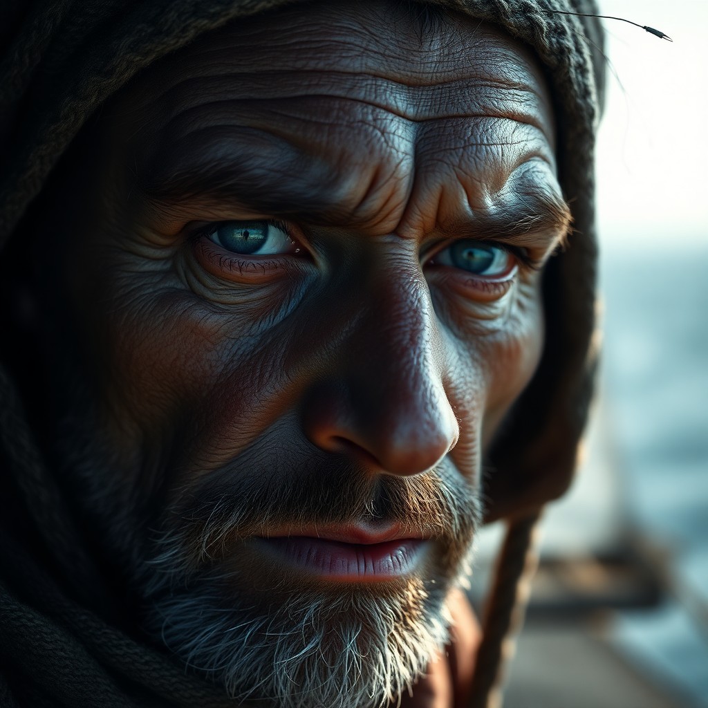 AI generated art for prompt: A captivating super-realistic portrait showcases a weathered sailor with clouded blue eyes, his rugg