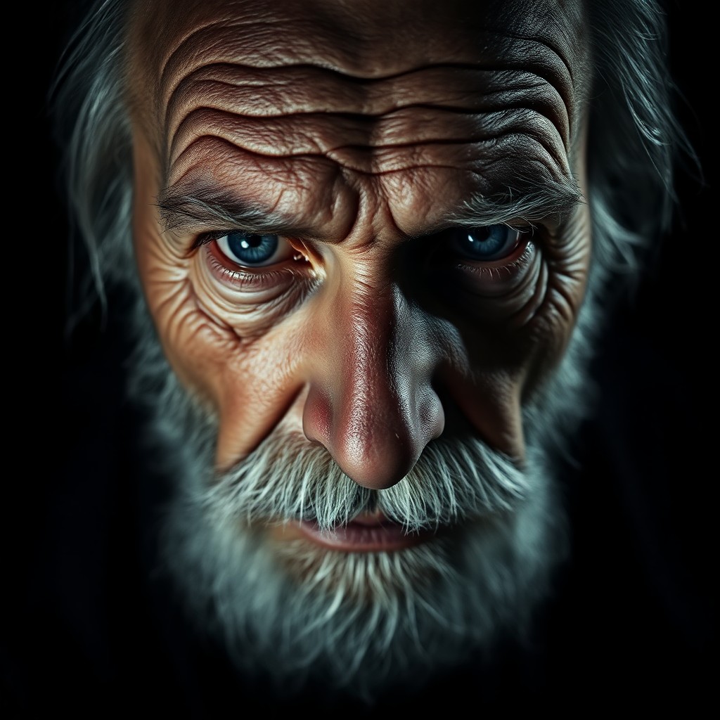 AI generated art for prompt: Envision a captivating close-up portrait of an aged Slavic man, his melancholic blue eyes and thick 