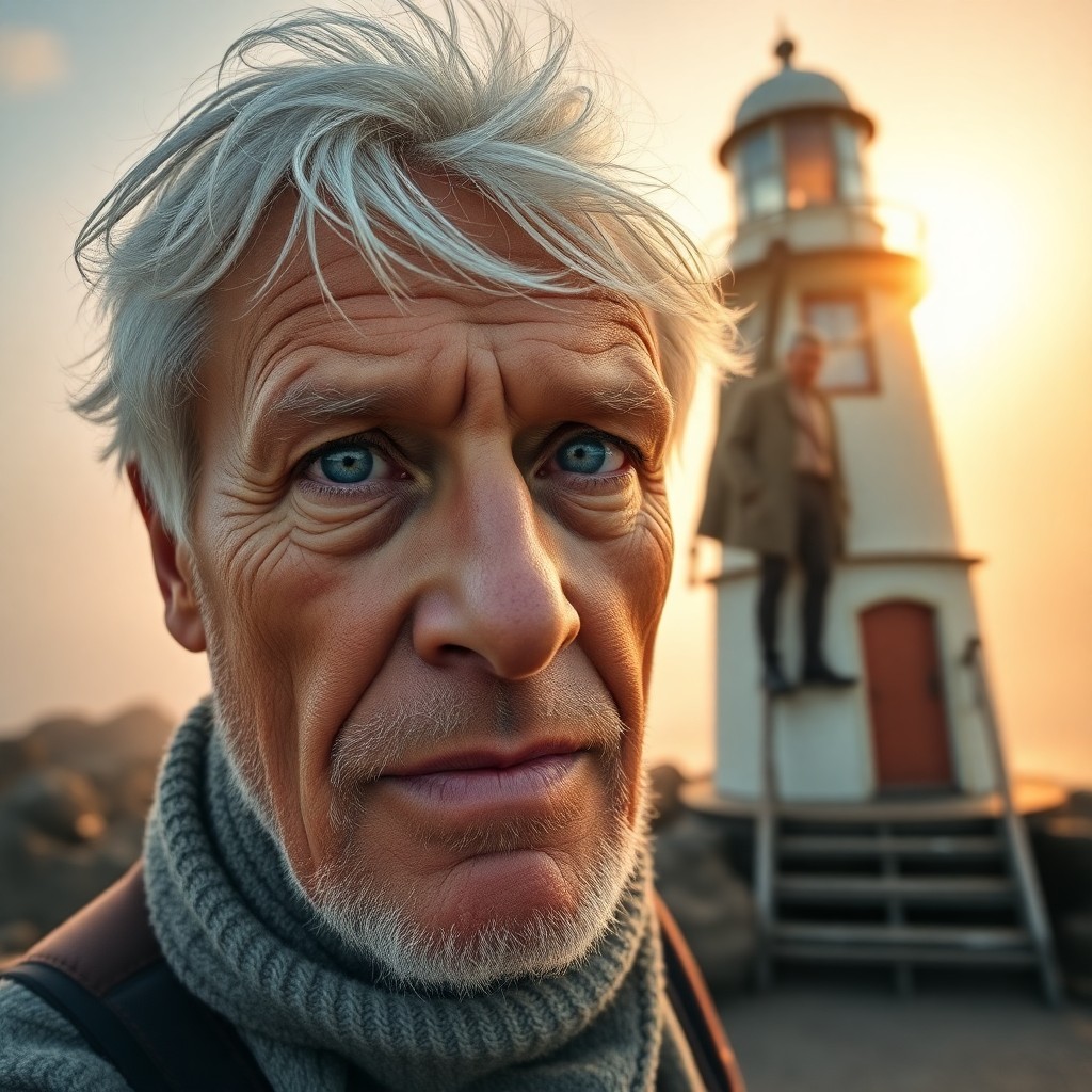 AI generated art for prompt: Create an ultra-realistic portrait of a weathered lighthouse keeper in his seventies, his sun-kissed