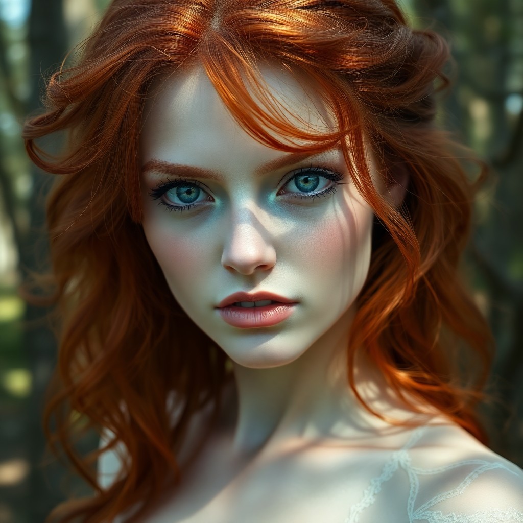 AI generated art for prompt: Striking portrait of an ethereal Nordic woman with porcelain skin and fiery red hair cascading in wi