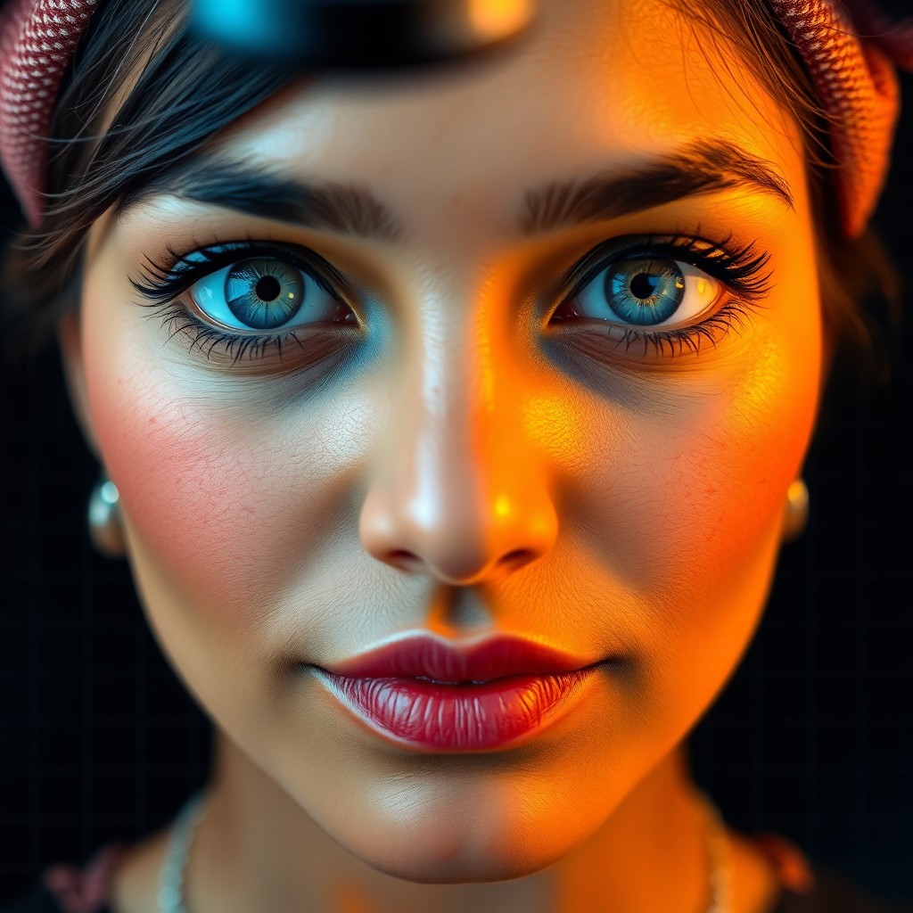 AI generated art for prompt: Generate a high-resolution portrait of a South Asian woman with mesmerizing blue eyes, alabaster ski