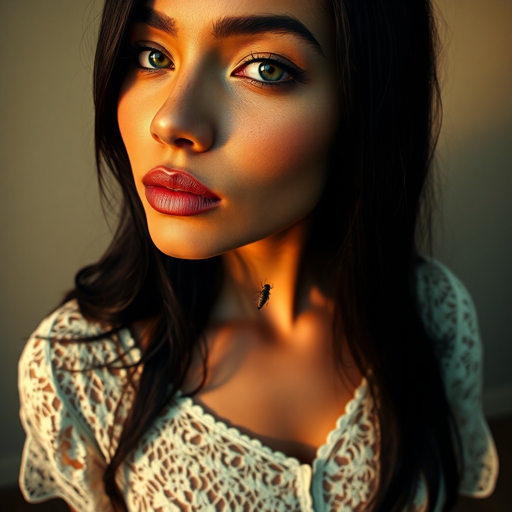 AI generated art for prompt: A super-realistic portrait captures a mysterious Caribbean woman with deep green eyes and sleek jet-