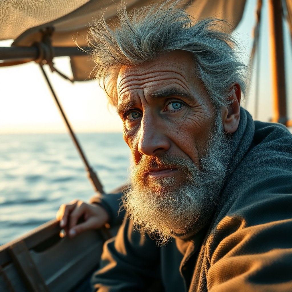 AI generated art for prompt: Craft a hyperrealistic digital portrait showcasing an aged fisherman's weathered visage and clouded 