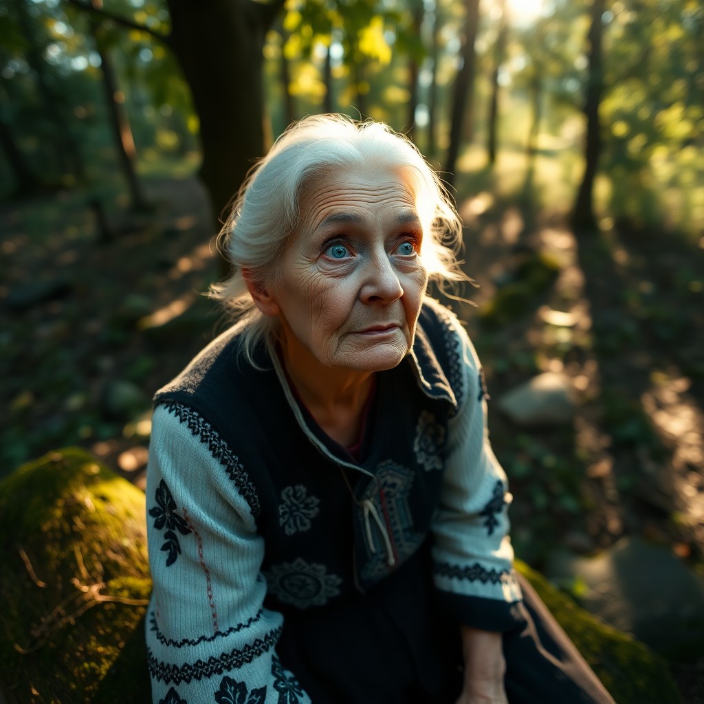 AI generated art for prompt: Photorealistic portrait of a wise elderly Southern European woman with dreamy blue eyes and snow-whi