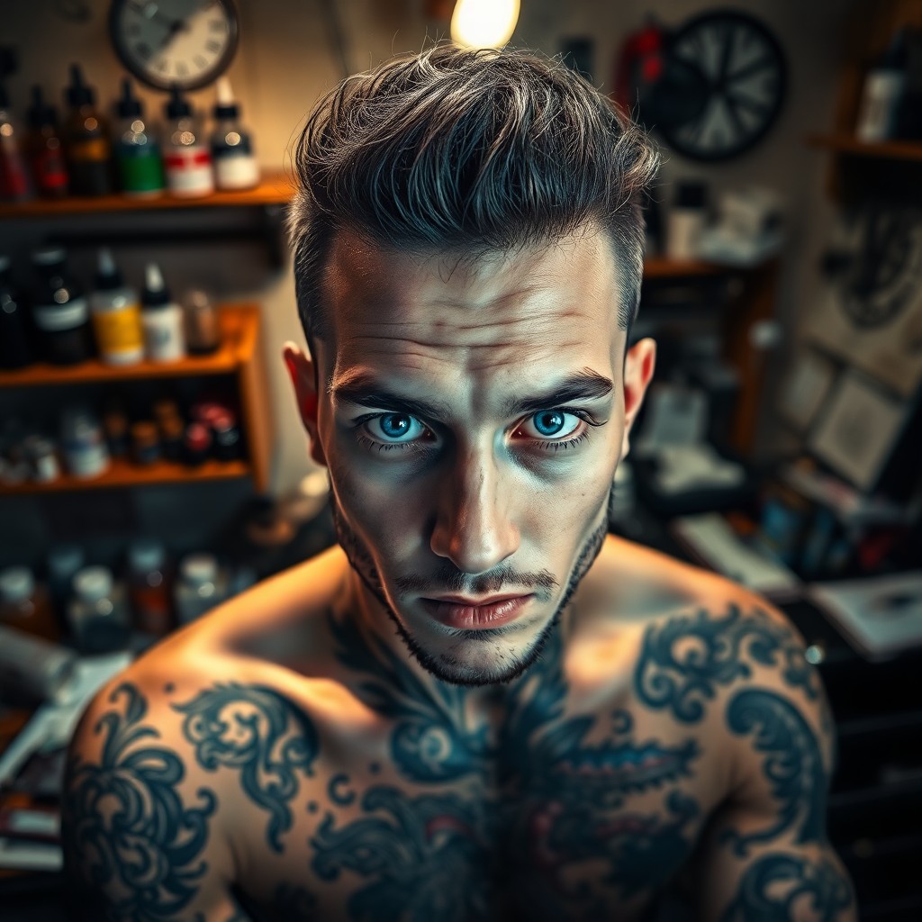 AI generated art for prompt: Create a photorealistic portrait of an enigmatic tattoo artist with captivating blue eyes, set again