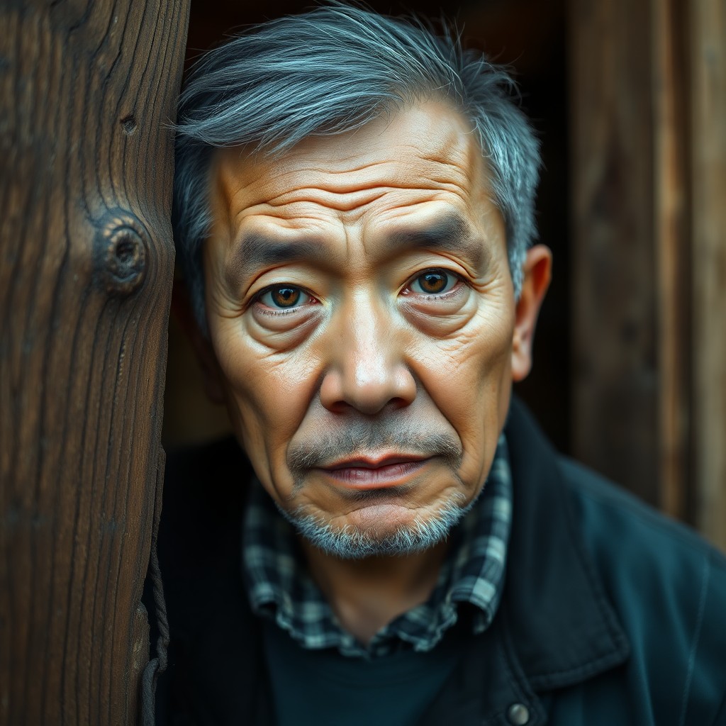 AI generated art for prompt: Craft a hyper-realistic portrait of a middle-aged East Asian man with rugged features, deep brown ey