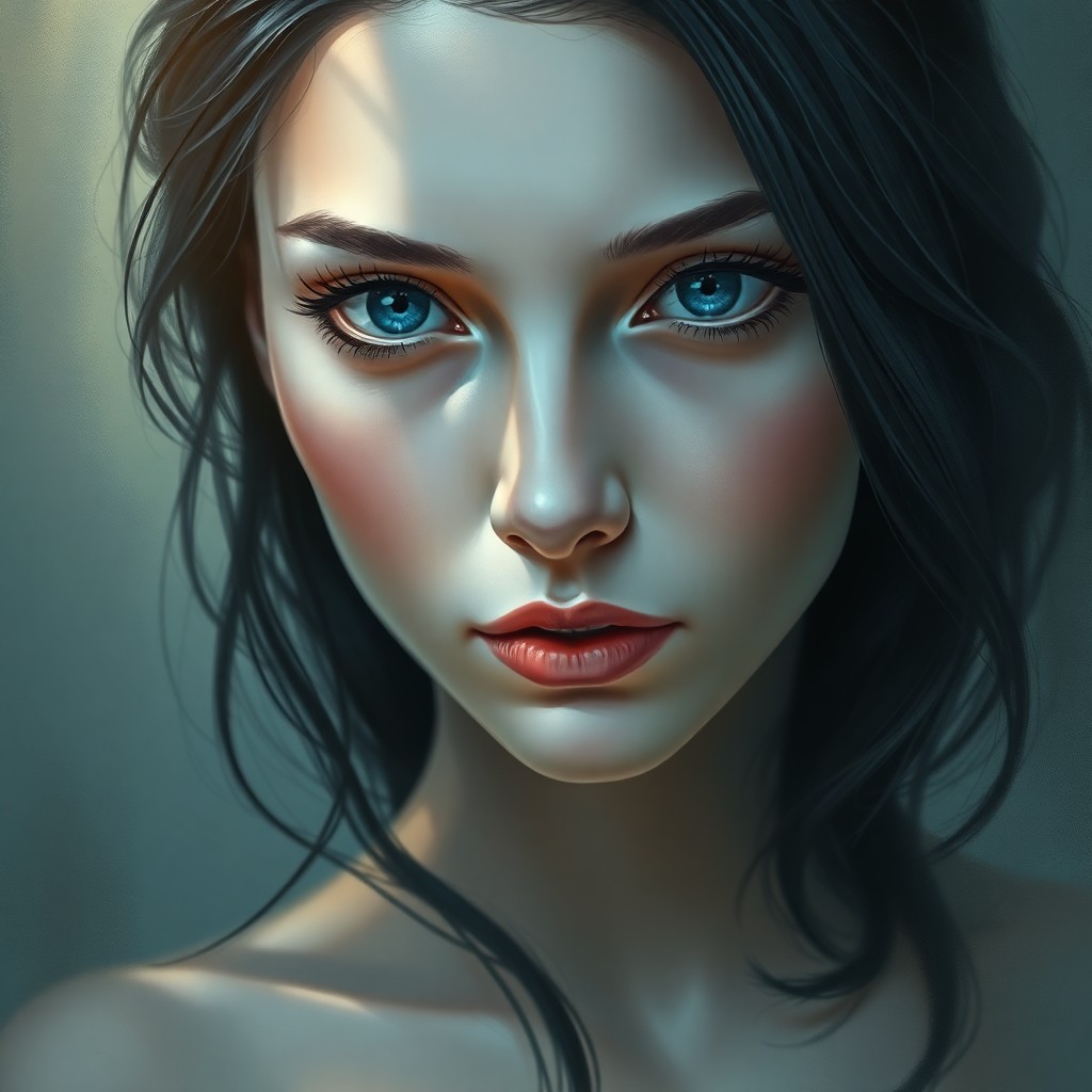 AI generated art for prompt: Envision a captivating digital portrait of a mysterious woman with porcelain skin and shy blue eyes,