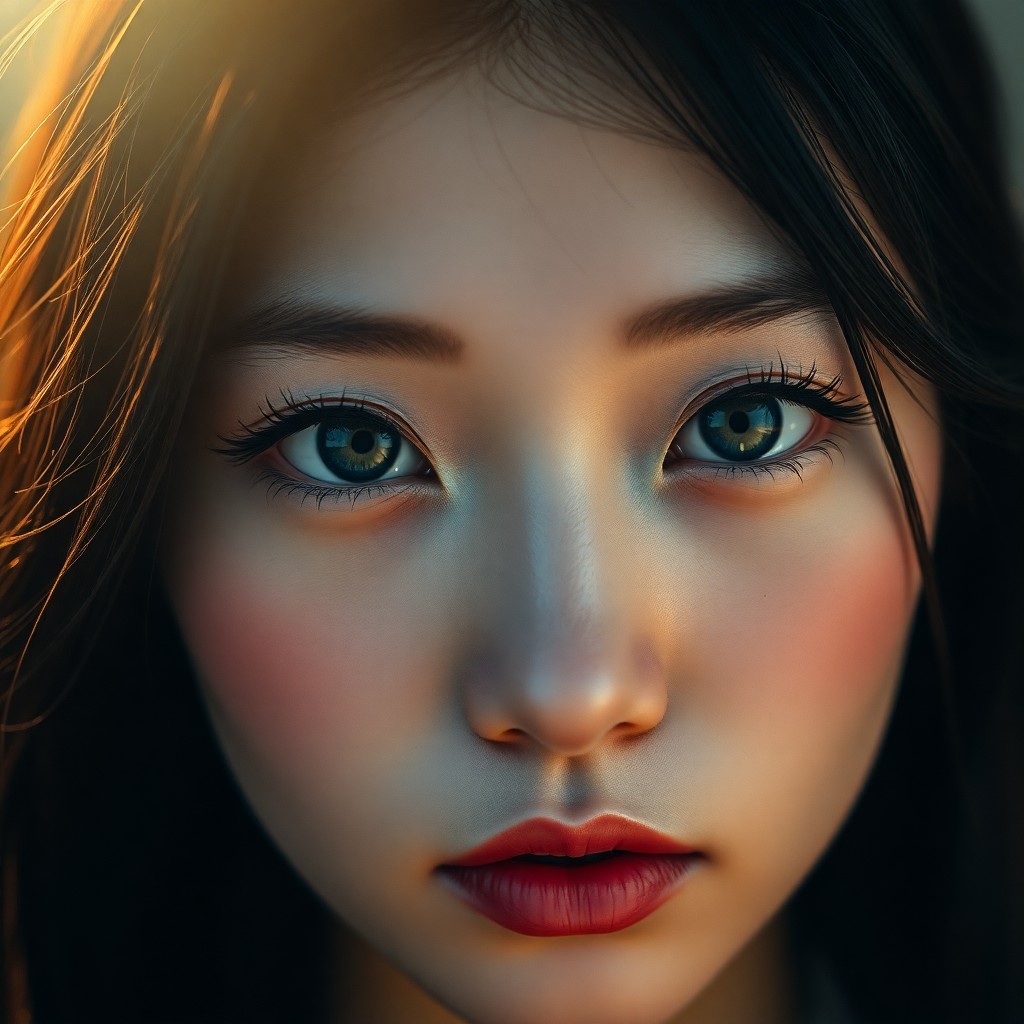 AI generated art for prompt: A surreal, close-up portrait captures an East Asian woman's haunting beauty with her striking azure 