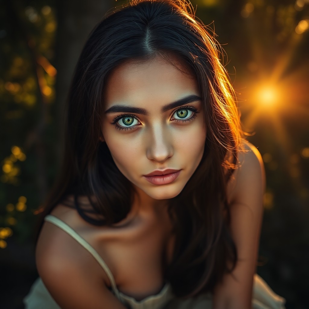 AI generated art for prompt: A highly detailed portrait photograph captures a young Middle Eastern woman's direct gaze, her tende