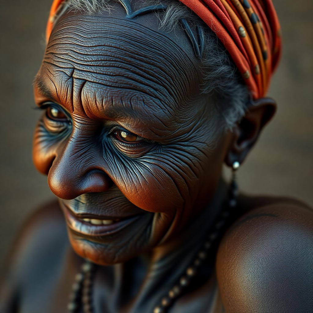 AI generated art for prompt: A hyperrealistic portrait of an elderly African woman adorned with intricate Celtic knotwork tattoos