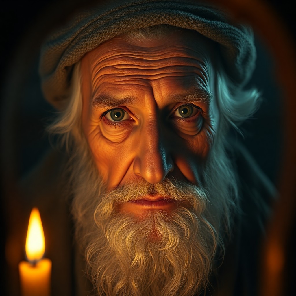 AI generated art for prompt: A super-realistic portrait captures a nostalgic sage's essence; illuminated by candlelight's soft go