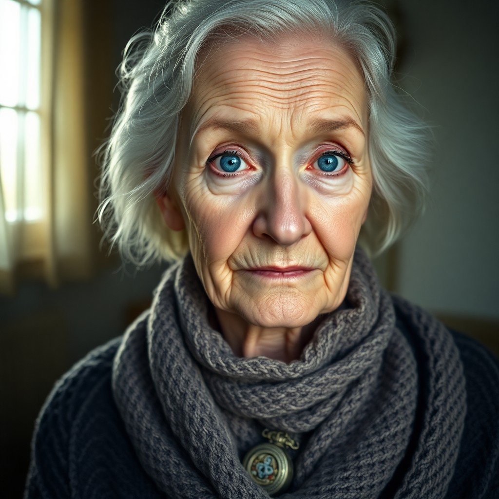 AI generated art for prompt: Imagine a photorealistic portrait featuring an elderly woman with captivating blue eyes and delicate