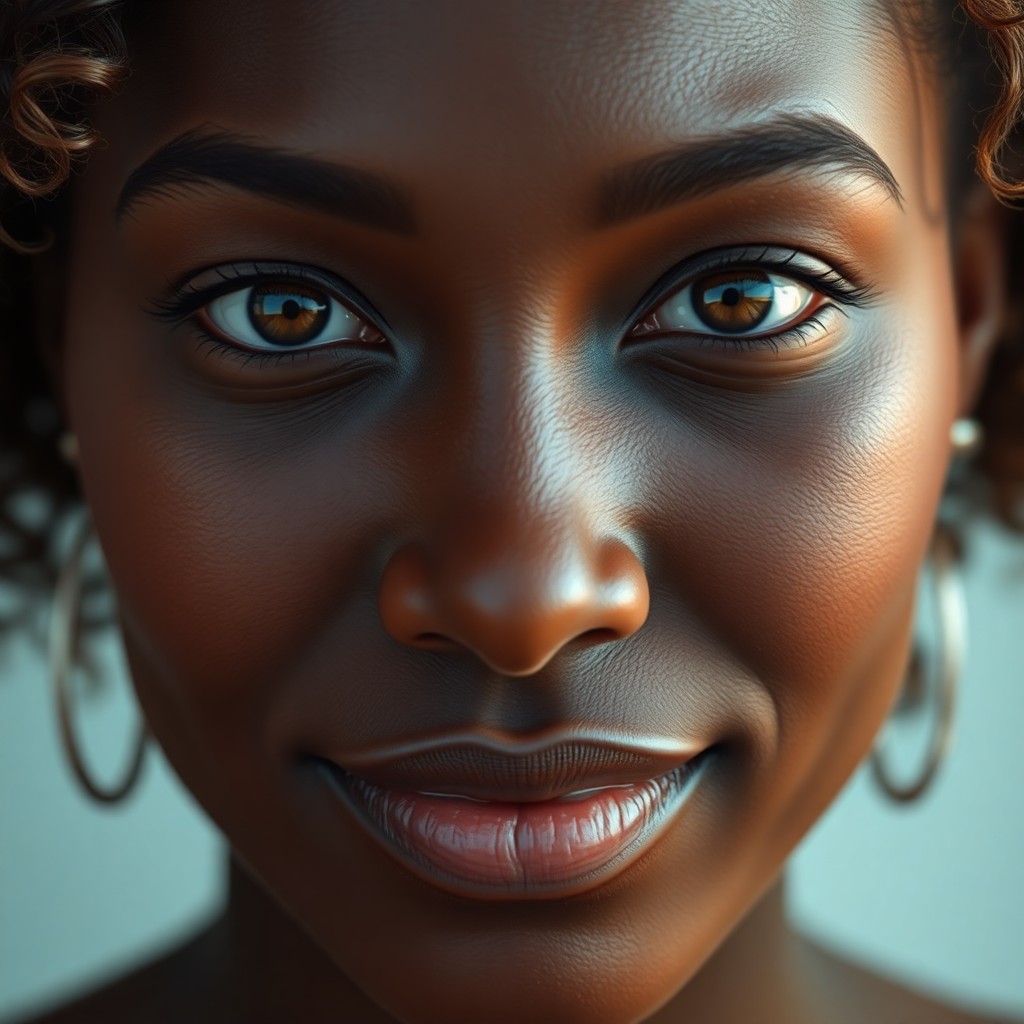 AI generated art for prompt: Craft a serene close-up portrait of an African American Andean woman in her mid-30s with smooth skin