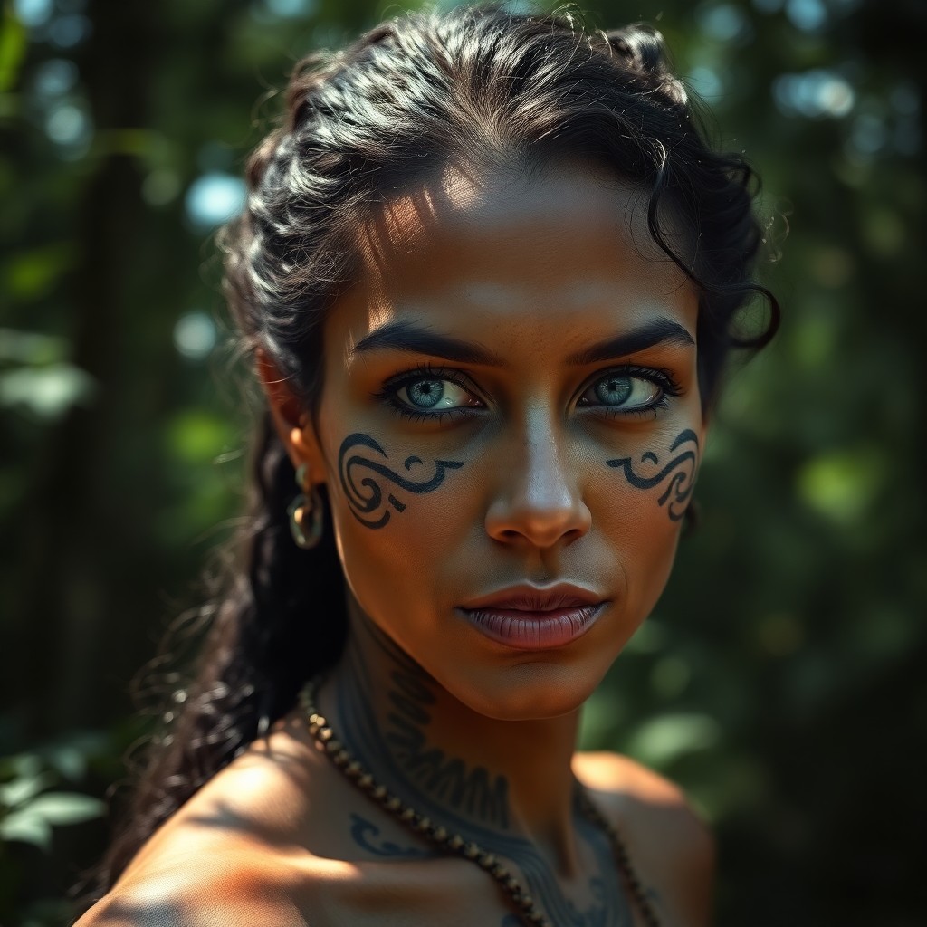 AI generated art for prompt: Imagine a captivating portrait photograph of an Aboriginal woman with an enigmatic gaze and kind blu