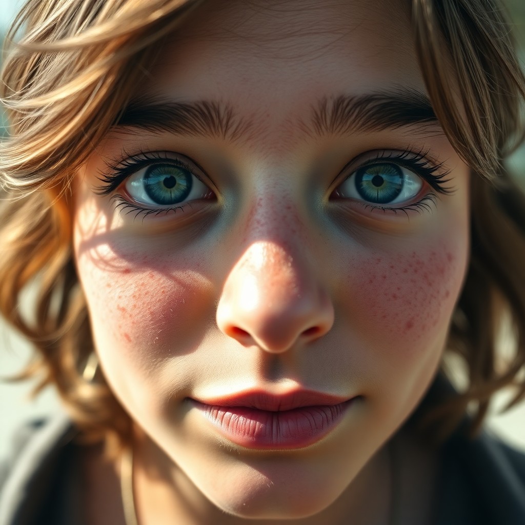 AI generated art for prompt: Photorealistic portrait of an individual with captivating dreamy green eyes and freckles across thei