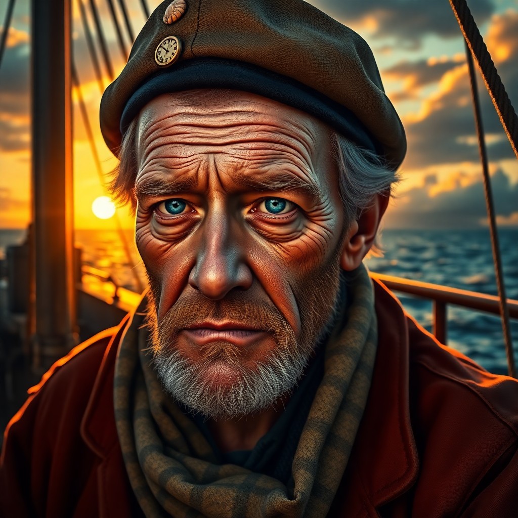 AI generated art for prompt: A super-realistic portrait depicts an old-timey sea captain with a weathered face marked by sun-carv