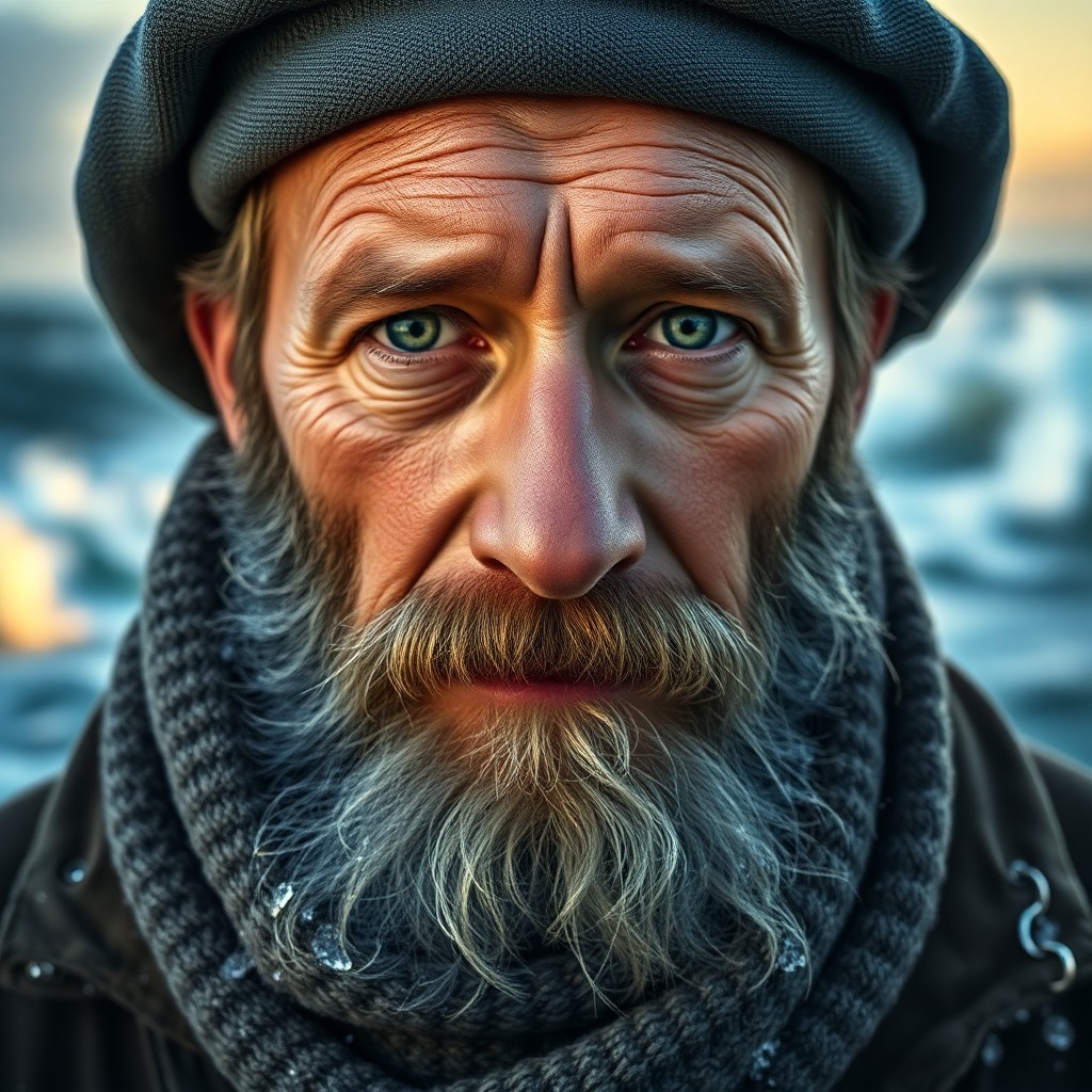 AI generated art for prompt: Craft a hyperrealistic portrait of a middle-aged Nordic man with rugged features, his graying beard 