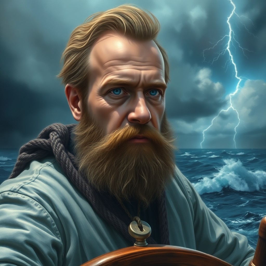 AI generated art for prompt: Imagine a captivating superrealistic portrait of an experienced sea captain with serene blue eyes an