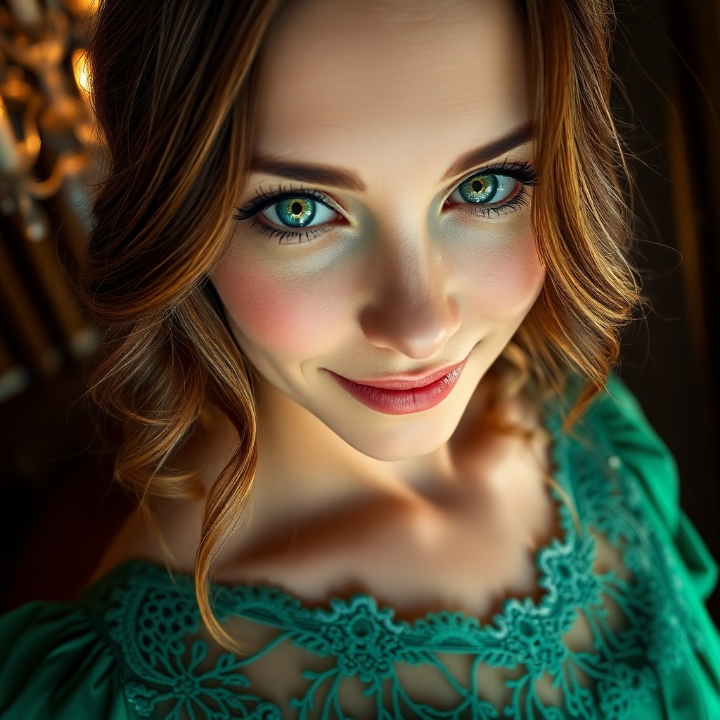 AI generated art for prompt: A mesmerizing close-up portrait showcases a 35-year-old Caucasian woman with captivating emerald eye