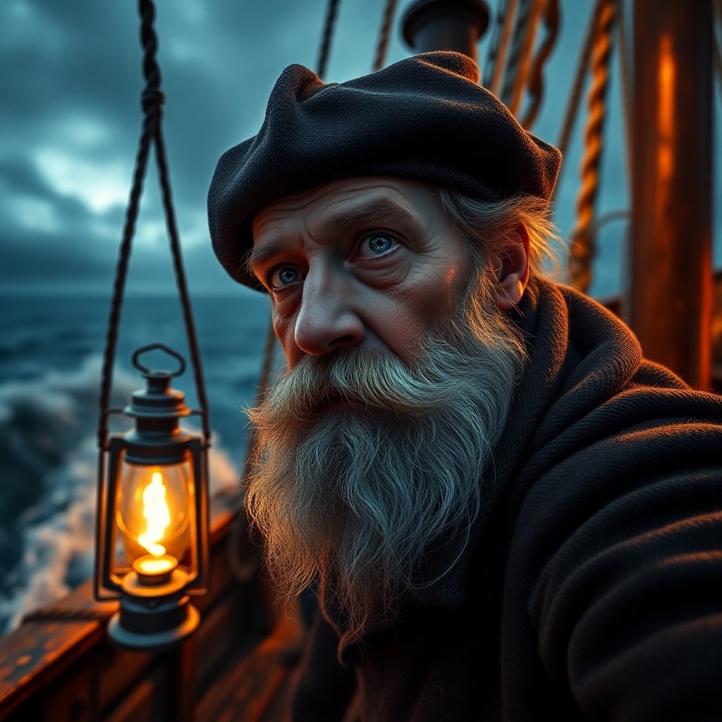 AI generated art for prompt: Craft a hyper-realistic portrait of an aged sea captain with a grizzled beard and piercing eyes, his