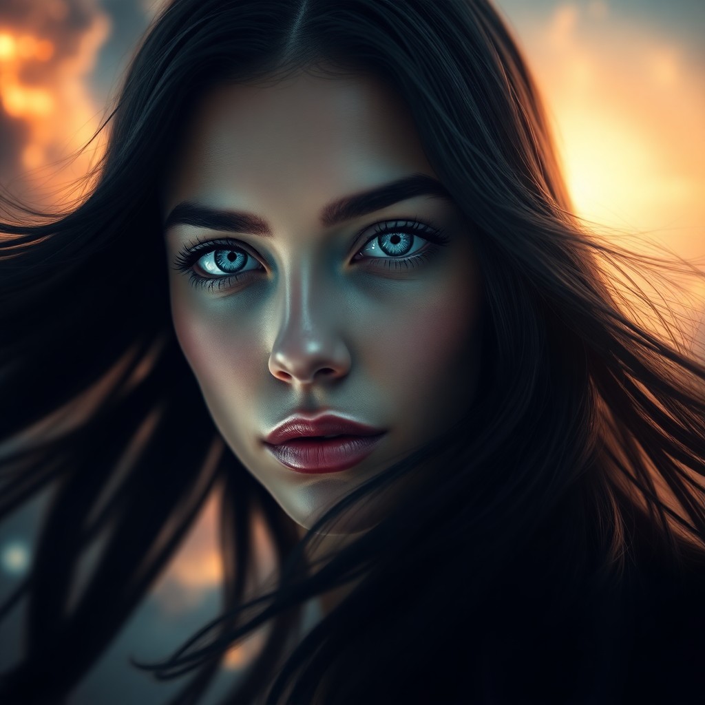 AI generated art for prompt: Create a hyper-realistic portrait of an enigmatic woman with serene blue eyes and flowing raven hair