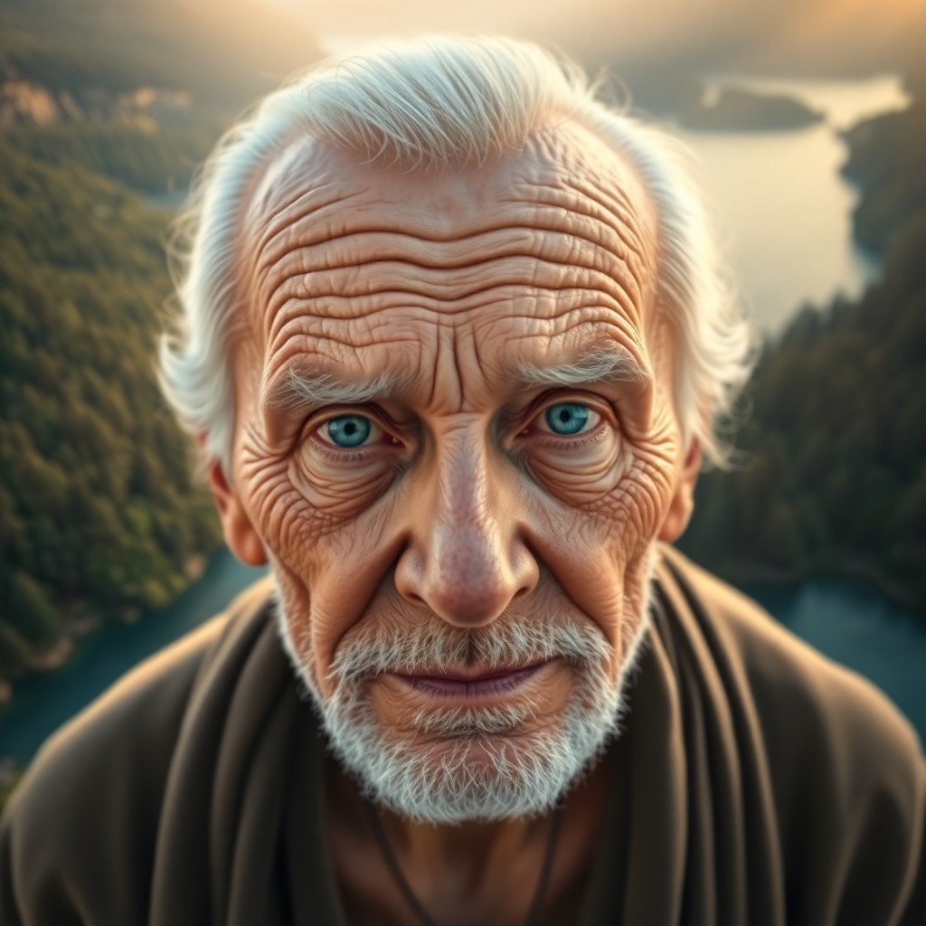 AI generated art for prompt: Craft an ultra-realistic portrait of a wise old sage with wrinkled skin and soft blue eyes from an a