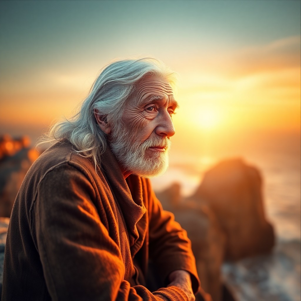 AI generated art for prompt: Craft a photorealistic smartphone portrait of an aged yet wise sage perched on a rocky cliff's edge 