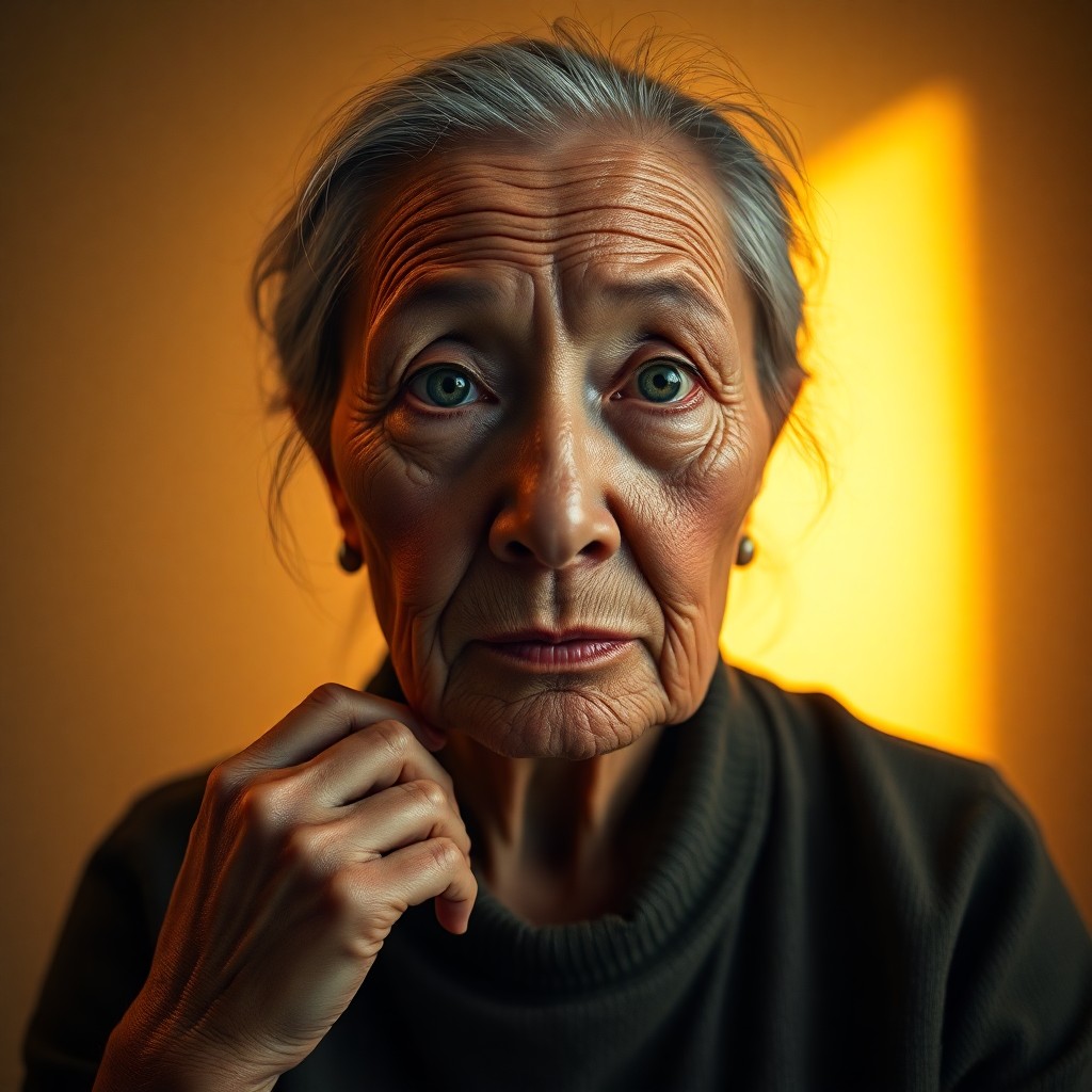 AI generated art for prompt: In a softly illuminated studio setting, an elderly East Asian woman with gentle yet piercing blue ey