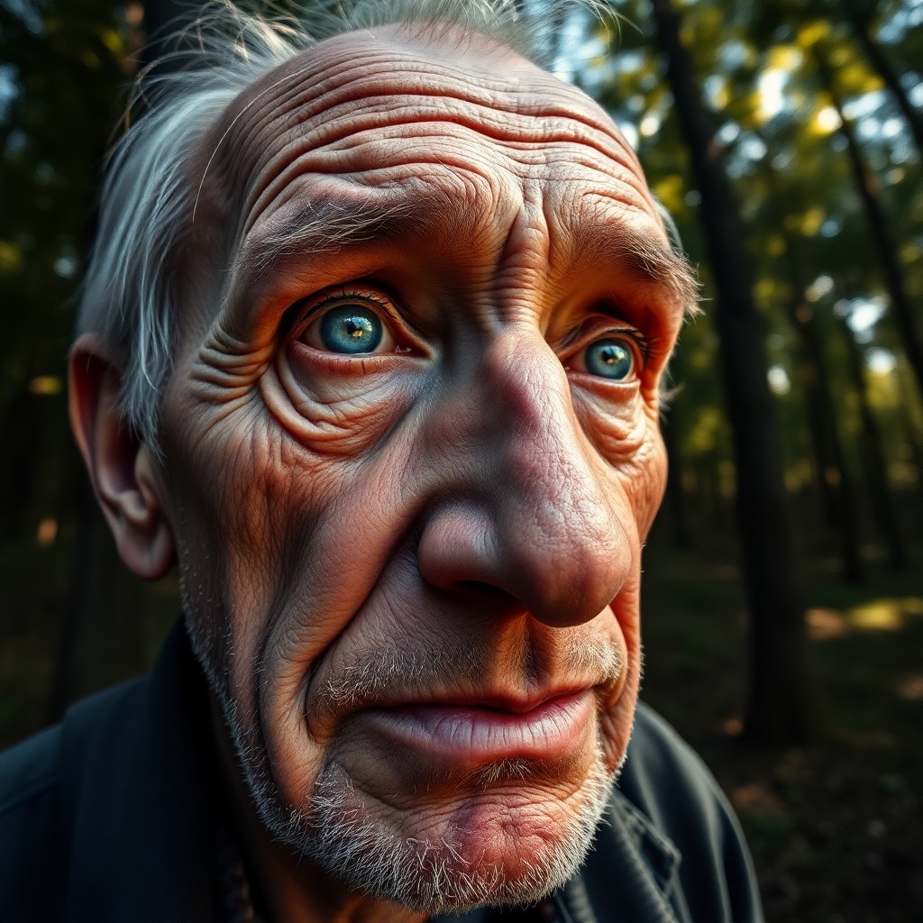 AI generated art for prompt: A 'bug's-eye view' portrait photograph captures an elderly Slavic man with antiquated skin, deep wri