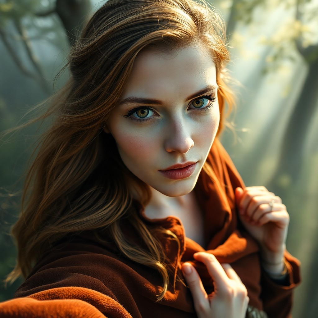 AI generated art for prompt: Envision a captivating portrait of a clear-cut Nordic woman with mesmerizing amber eyes and flowing 