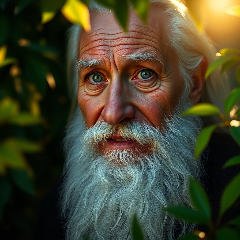 AI generated art for prompt: A highly detailed photorealistic portrait showcases a wise elderly sage with a long white beard and 