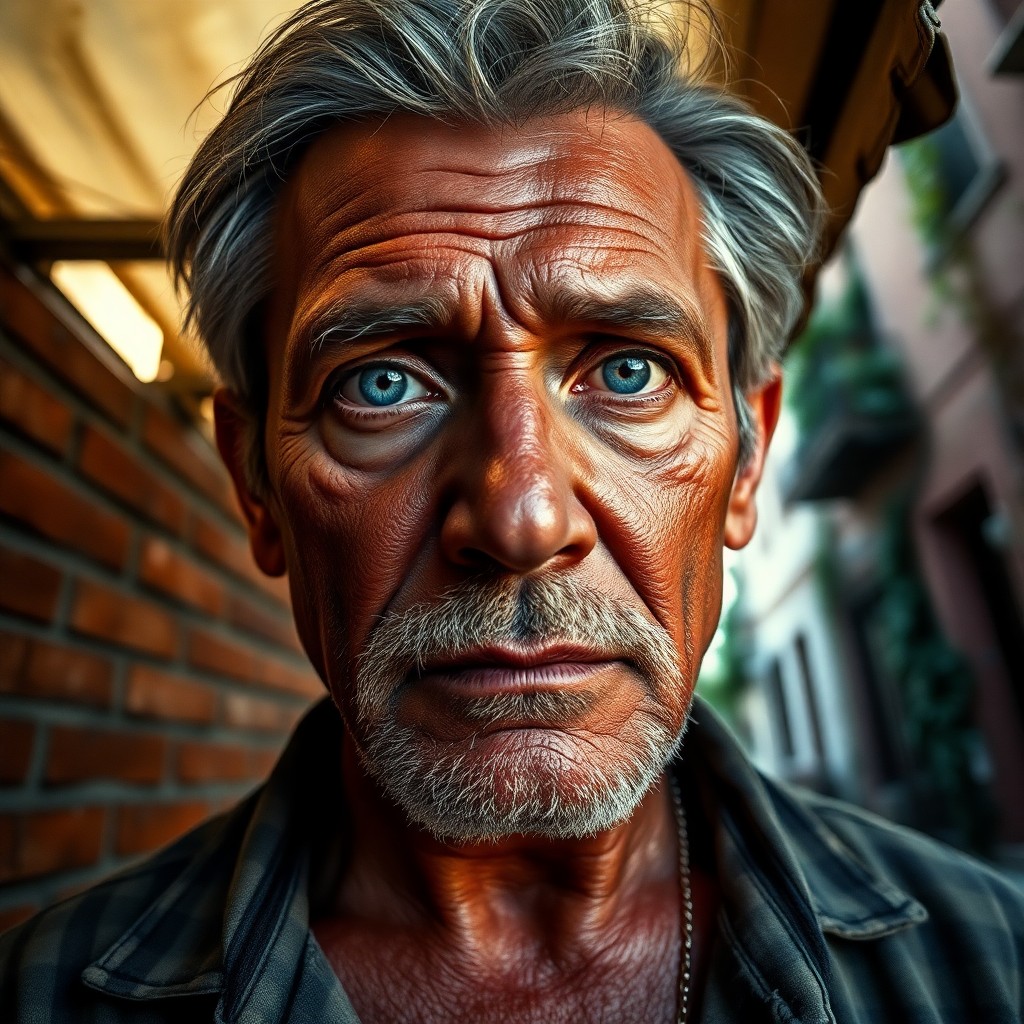 AI generated art for prompt: Craft an ultra-realistic portrait of a contemplative middle-aged Polynesian man with graying temples