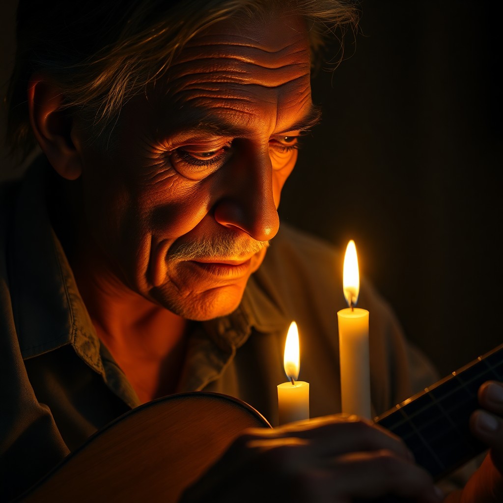 AI generated art for prompt: Imagine a hyper-realistic portrait of a blind musician, their face bathed in the warm candlelight as