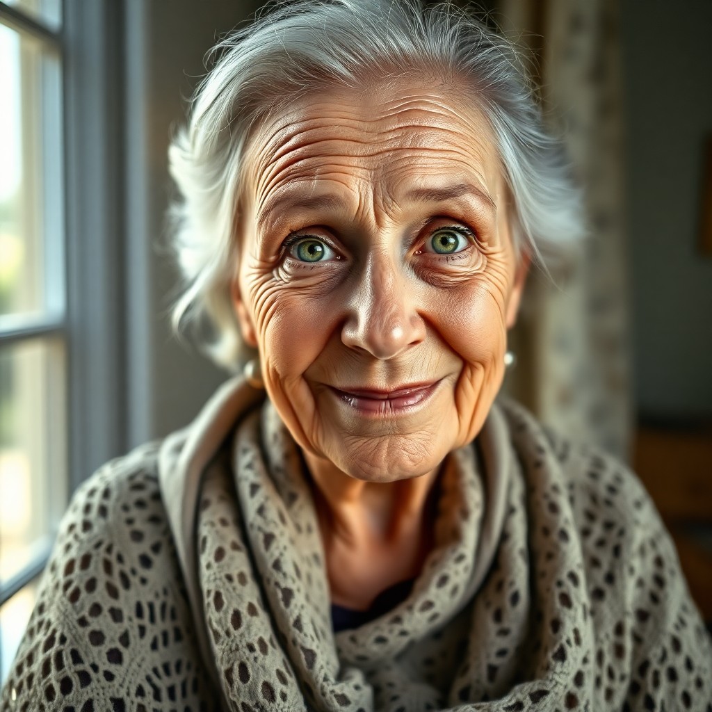 AI generated art for prompt: A captivating portrait of an elderly Caucasian woman with vibrant green eyes, adorned in a delicatel