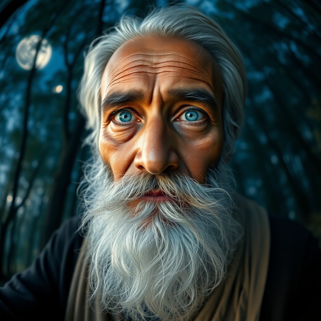 AI generated art for prompt: Craft a hyperrealistic portrait of an aged South Asian man with kind blue eyes and a rugged beard, s