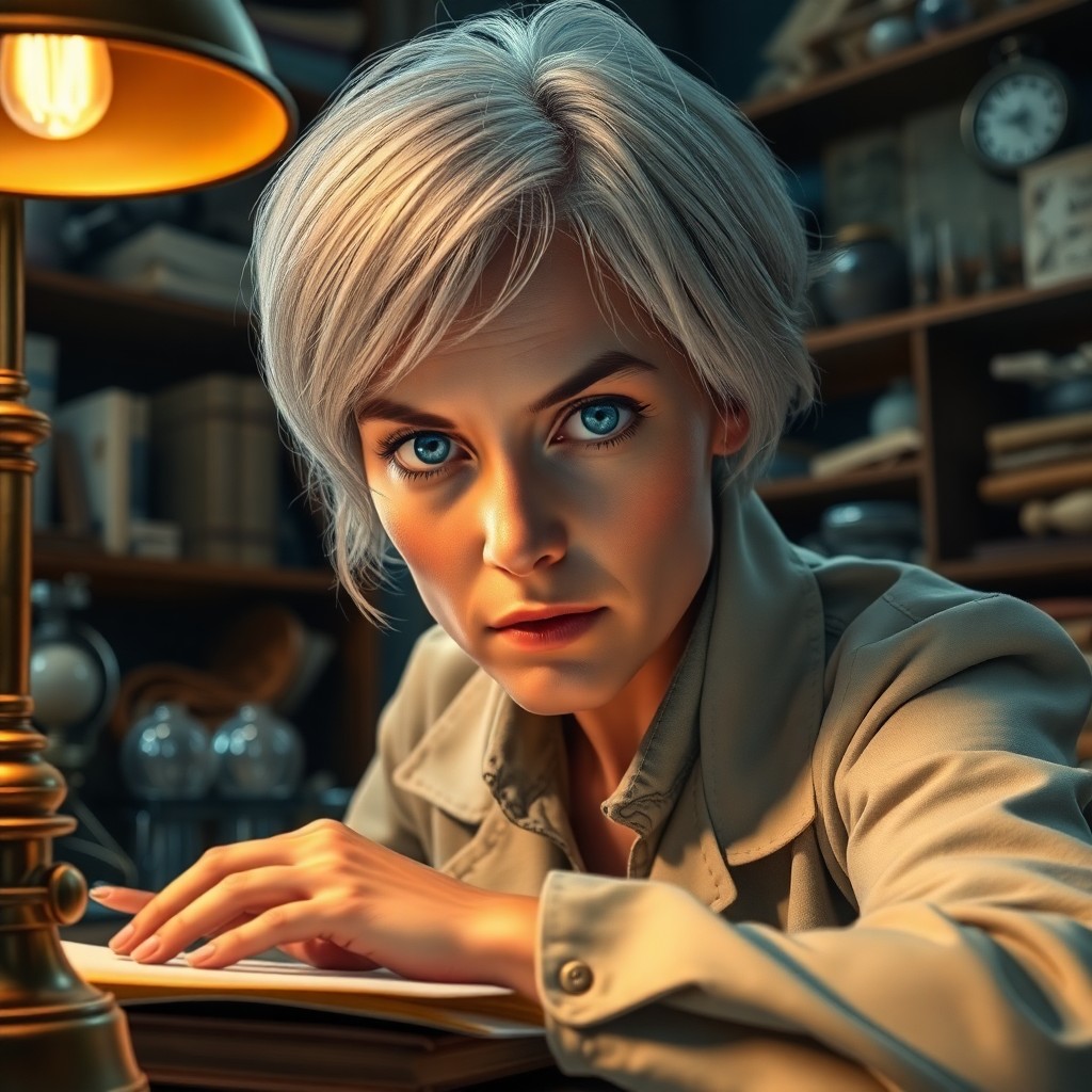 AI generated art for prompt: Craft a hyperrealistic portrait of a female scientist with short silver hair and intense blue eyes, 