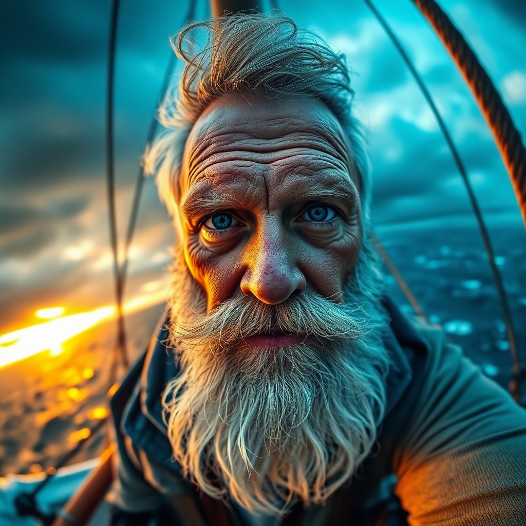 AI generated art for prompt: Envision a captivating portrait captured by an iPhone, showcasing a weathered sailor with a thick wh