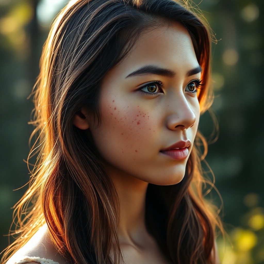 AI generated art for prompt: A portrait photograph captures the serene beauty of a young Micronesian woman with warm green eyes a