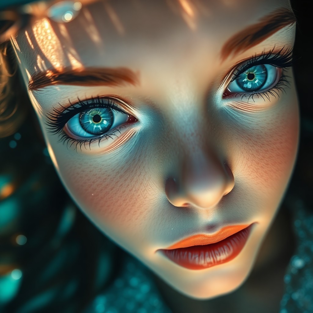 AI generated art for prompt: A close-up portrait of an ethereal mermaid princess reveals captivating turquoise eyes, mirroring th