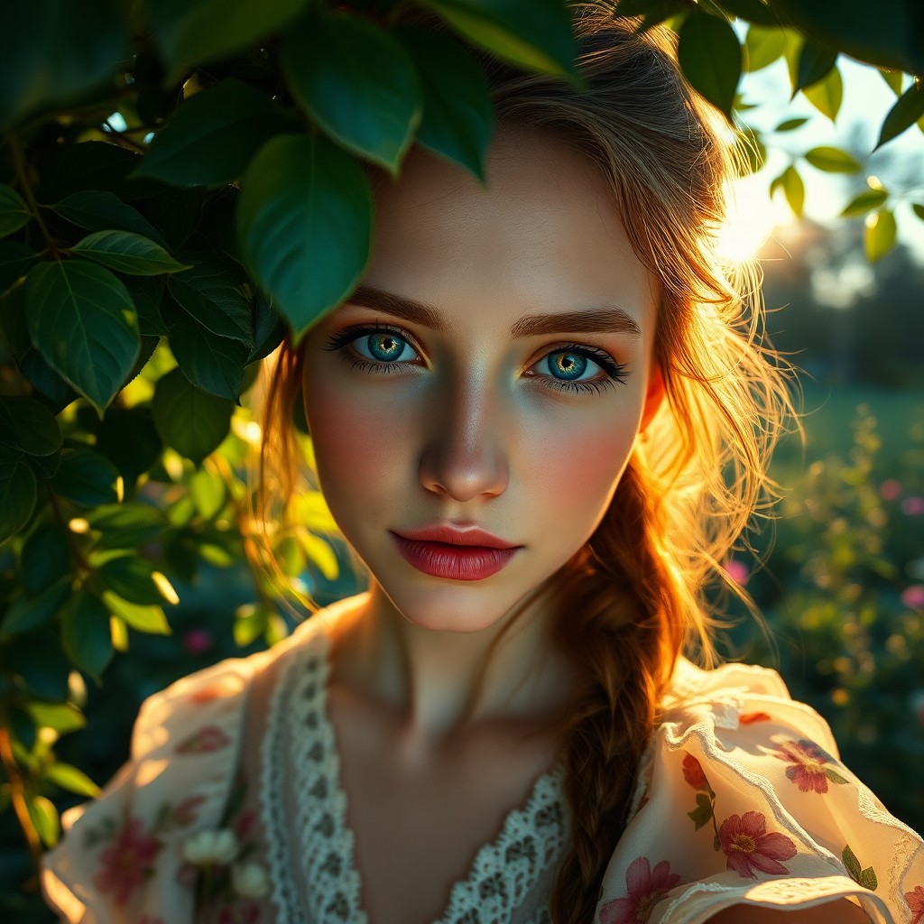 AI generated art for prompt: Create a superrealistic impressionist portrait of a young Western European woman in a garden at dusk