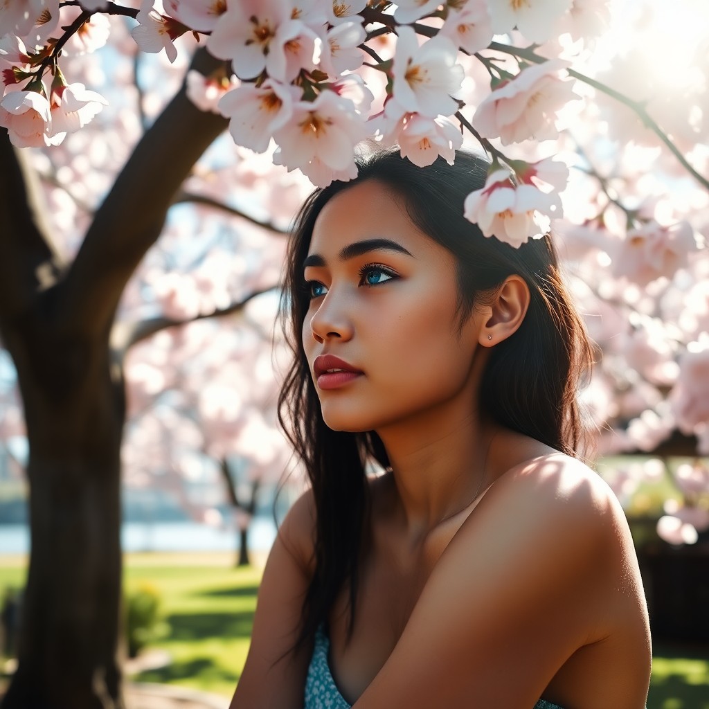 AI generated art for prompt: A young Micronesian woman with captivating blue eyes and delicate features sits contemplatively bene