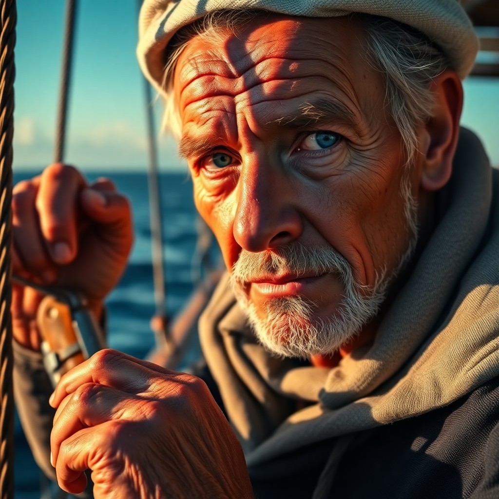 AI generated art for prompt: Craft a photorealistic portrait of an aged sailor with sun-kissed skin and piercing blue eyes, captu