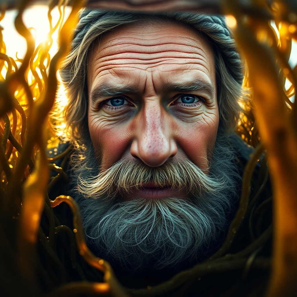 AI generated art for prompt: A hyperrealistic portrait of a weathered fisherman with sun-kissed skin, compassionate blue eyes, an