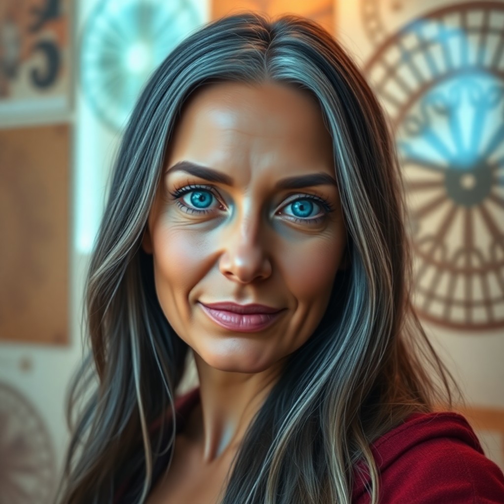 AI generated art for prompt: Craft a hyper-realistic portrait of a middle-aged Celtic woman with serene blue eyes, smooth olive s