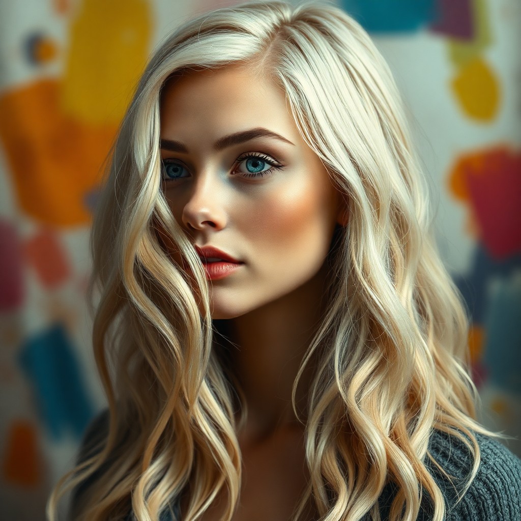 AI generated art for prompt: Hyperrealistic portrait of a Slavic woman with long, wavy platinum blonde hair and captivating blue 