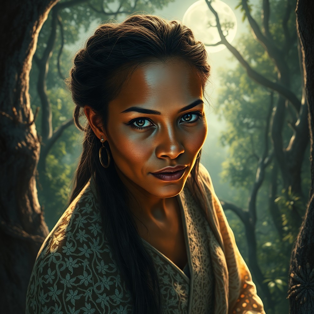 AI generated art for prompt: Craft an enchanting portrait of a Micronesian woman, her enigmatic gaze and rugged features illumina