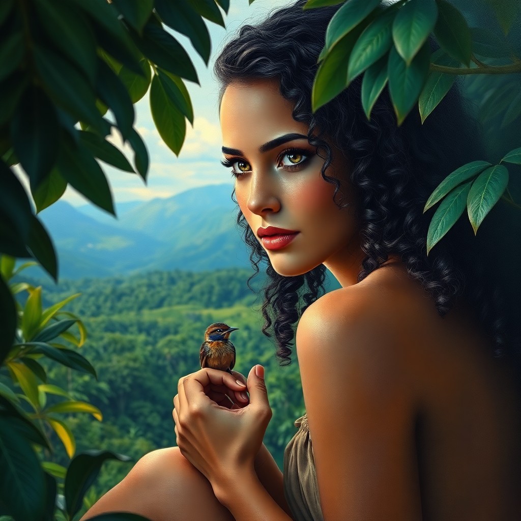 AI generated art for prompt: Render a photorealistic oil painting of an Amazonian woman with enchanting eyes and cascading curls,