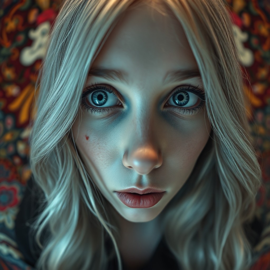 AI generated art for prompt: Create an ultra-realistic portrait of a mysterious figure with captivating blue eyes and a subtle sc