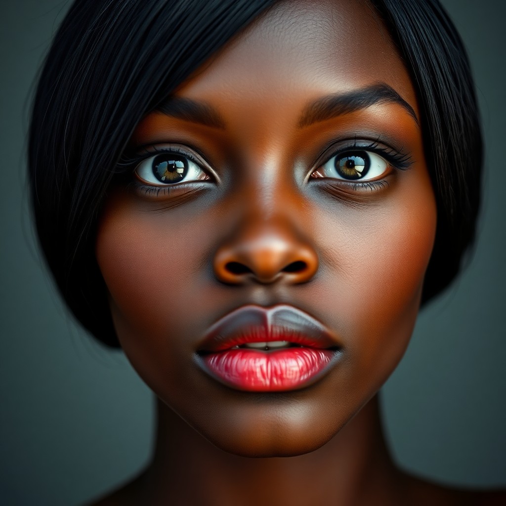 AI generated art for prompt: Craft a contemporary fine art portrait featuring an African woman with sleek black hair framing her 