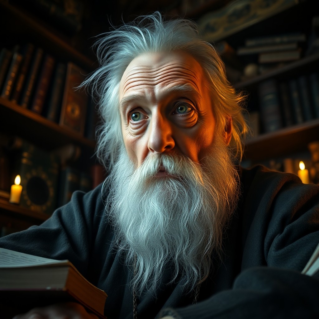 AI generated art for prompt: A hyper-realistic portrait captures a wise old wizard's enigmatic essence with intricate detail and 